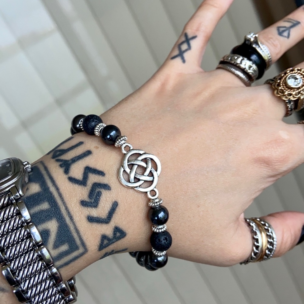 Silver Celtic knot lava rock & hematite bracelet - Picture 3 of 14